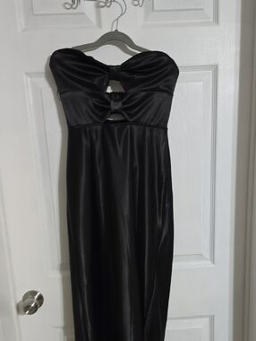 Altar'd State Black Strapless Satin Gown with Cutout Knots